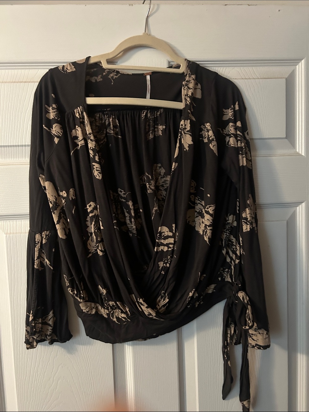 Free People Black Floral Draped Wrap Blouse